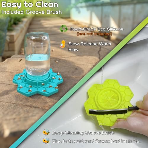 Bee Watering Station for Garden – 2 Pack Silicone Bee Feeders for Mason Ja, Fit with Regular and Wide Mouth, No-Drown Bee Waterer, Honey Bee Drinking Station- Blue & Yellow (Jars Not Included)