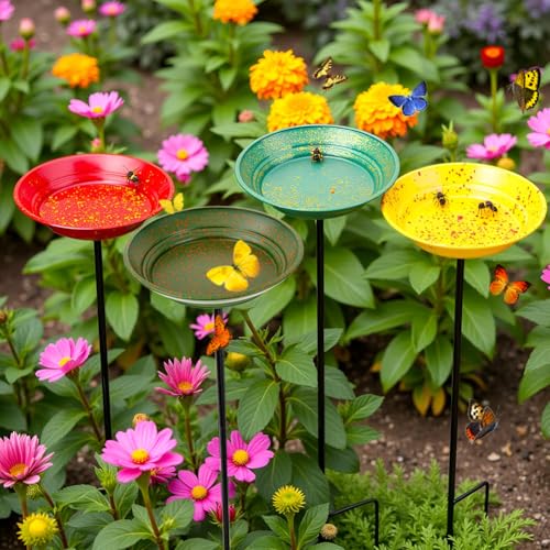 dreamysoul 4 Pack Bee Watering Station, Metal Bee and Butterfly Feeders with Metal Stake, Bee Butterfly and Bird Bath for Outdoor Garden Yard Lawn Decor - color: Muti-color