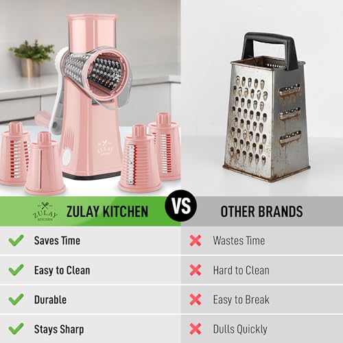 Zulay Kitchen Rotary Cheese Grater 5 Blade Cheese Shredder - Manual Hand Crank Cheese Grater With Reinforced Suction & 5 Interchangeable Drums - Easy to Use, Vegetable Chopper Round Mandoline Slicer - color: Peach & White