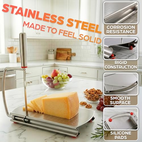 Stainless Steel Cheese Slicer for Block Cheese with Blade & Locking Design - Multipurpose Manual Cheese Cutter Board 9.92 x 8.27 x 1.18 in for Slicing Butter, Vegetables, Fruits, Snacks & Deli Foods
