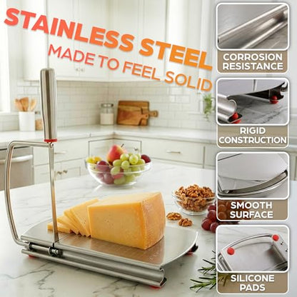 Stainless Steel Cheese Slicer for Block Cheese with Blade & Locking Design - Multipurpose Manual Cheese Cutter Board 9.92 x 8.27 x 1.18 in for Slicing Butter, Vegetables, Fruits, Snacks & Deli Foods