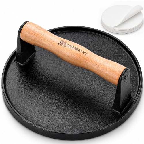 Overmont 7" Round Smash Burger Press - Cast Iron Smasher with Patty Paper | Heavy-Duty Hamburger Bacon Meat Press with Wood Handle Flat Bottom, Pre-Seasoned Heat Resistant for Griddle Grill Outdoor BBQ