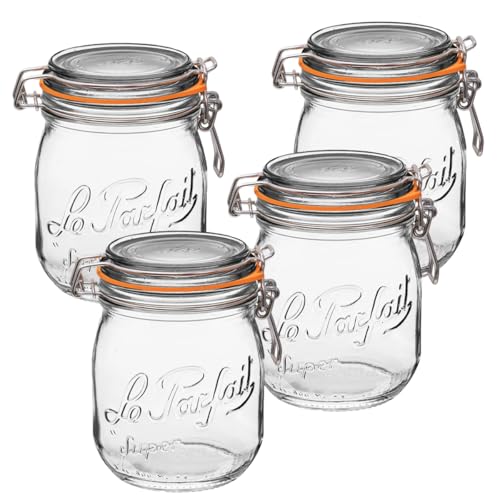 Le Parfait Super Jar 750mL (24oz) French Glass Preserving Jar w/Airtight Rubber Seal & Wire Bail Closure - BPA-Free Canning Jar for Pickles, Fruit, Sauce & Food Storage - Made in France Since 1930 4PK - color: 24oz (Set/4)