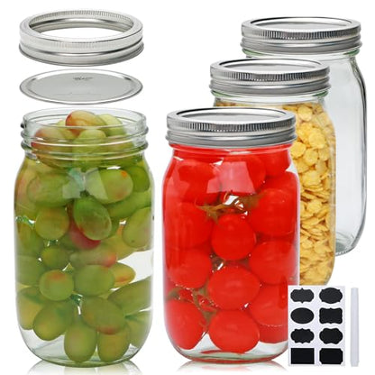 Wide Mouth Mason Jars Set, 32oz Clear Glass Jars 4-Pack for Storage, Overnight Oats, Snacks, Jam or Jelly,Canning,Fermenting,Pickling,DIY Projects…