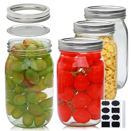 Wide Mouth Mason Jars Set, 32oz Clear Glass Jars 4-Pack for Storage, Overnight Oats, Snacks, Jam or Jelly,Canning,Fermenting,Pickling,DIY Projects…