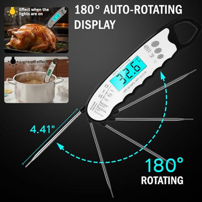 COOLMI Instant Read Meat Thermometer, 2-Second Waterproof for Cooking & BBQ | 180° Auto-Rotating Backlit Display, Magnetic Storage, Digital Meat Thermometer With Lock And Calibration For Grilling - color: Classic Model-Black