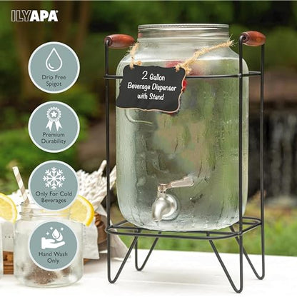 Ilyapa 2 Gallon Glass Beverage Dispenser, Metal Base, Stainless Steel Spigot & Hanging Chalkboard - for Lemonade, Tea, Cold Water & More - size: 2 Gallon with Black Stand