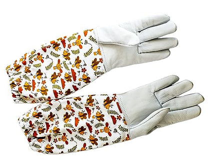 Children's Beekeeping Gloves - Floral Honey Bee Printed Sleeve with Goatskin Leather and Elastic Cuff - size: Medium
