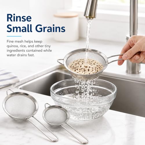 HiramWare Fine Mesh Strainer Set of 3, Premium Stainless Steel Colander with Handle, Large, Medium, Small Sieve for Tea, Pasta, Rice, Fruits, Berries, Flour, Veggies, Metal Sifter for Kitchen - size: Large + Medium + Small
