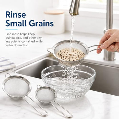 HiramWare Fine Mesh Strainer Set of 3, Premium Stainless Steel Colander with Handle, Large, Medium, Small Sieve for Tea, Pasta, Rice, Fruits, Berries, Flour, Veggies, Metal Sifter for Kitchen - size: Large + Medium + Small