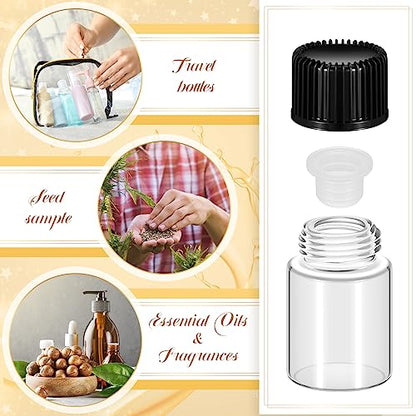 Lallisa 100 Pcs 2 ml Glass Vials with Black Screw Caps and Plastic Stoppers, 1/2 Dram Clear Small Leakproof Bottles Bulk, Mini Liquid Sample Vials for Essential Oils, Sample, DIY Craft - color: Clear with Black Cap, size: 2 ml