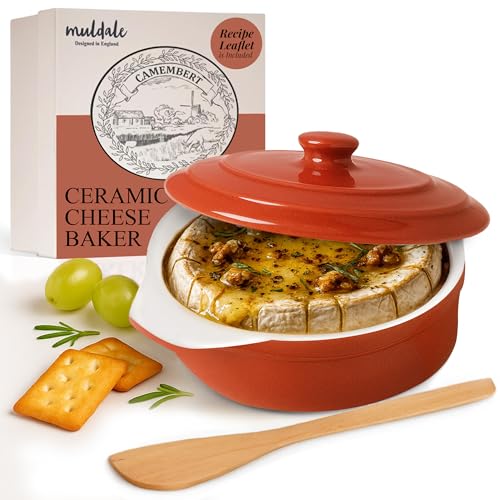 Muldale Brie Baker with Lid and Spreader - Camembert Baker Crock in Red | Free from Lead Ceramic Baking Dish - 5.5” - Fits Standard Camembert Wheel - color: Red
