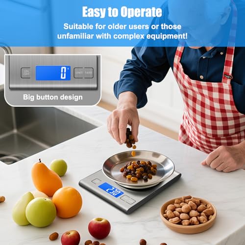 33lb Rechargeable Food Scale, Diyife 304 Stainless Steel Digital Kitchen Scale, 7.5 * 5.5 in Weight Grams and Ounces for Baking, Cooking, 5 Units with Tare Function, LCD Display, 2 AAA Batteries - color: Silver