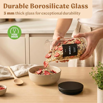 EDELHAUS Glass Storage Containers with Black Lids [Extra Thick Glas] with 54 Labels - Canister For Pantry Noodles Flour Cereal Rice Sugar Tea Coffee Beans - Round Set of 5x - color: 5 Pack - Black Lids