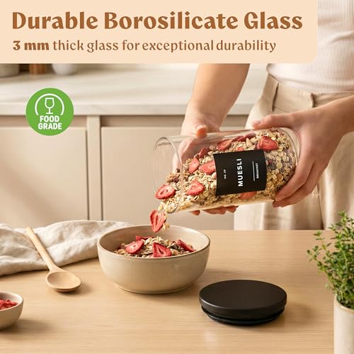 EDELHAUS Glass Storage Containers with Black Lids [4x40oz] Extra Thick Glas with 54 Labels - Canister For Pantry Noodles Flour Cereal Rice Sugar Tea Coffee Beans - Round Set - color: 4x40oz - Black Lids