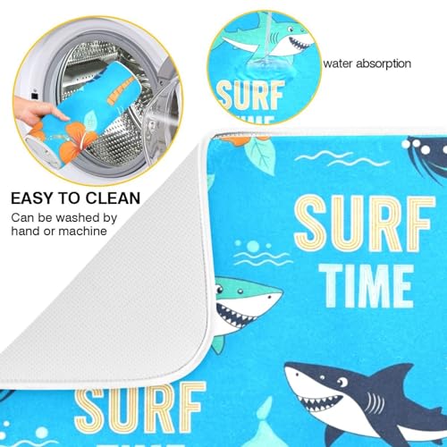 Shark Palm Trees Blue Dish Drying Mat for Kitchen Counter Super Absorbent Draining Mat with Non-slip Backed Sink Mats for Dish Bottles Cups Bowl Sinks Countertops Draining Racks