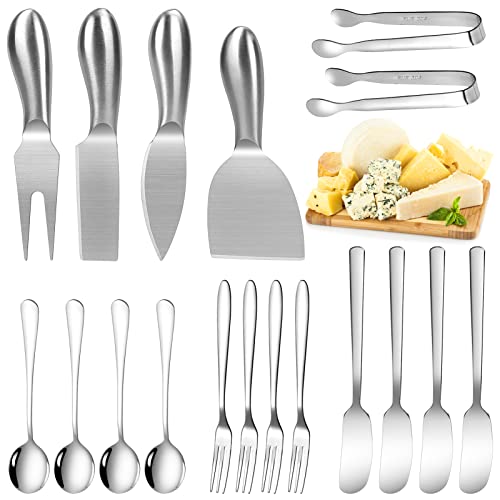 18pcs Charcuterie Accessories, Stainless Steel Cheese Knife Set Butter Spreader,Charcuterie Board Utensils Mini Serving Tongs,Spoons and Forks for Pastry Cheese & Butter, Apply for Party, Wedding - color: Silver