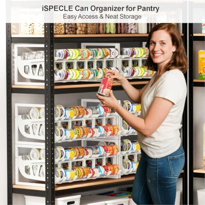 iSPECLE Pantry Can Organizer - Auto-Rolling, Expandable, Holds 120 Cans | White, Stackable For Walk-in Deep Pantry Shelve, Adjustable Width for Food Cans, Sturdy Metal Frame, Easy Access & Restocking - color: 120 Cans, White
