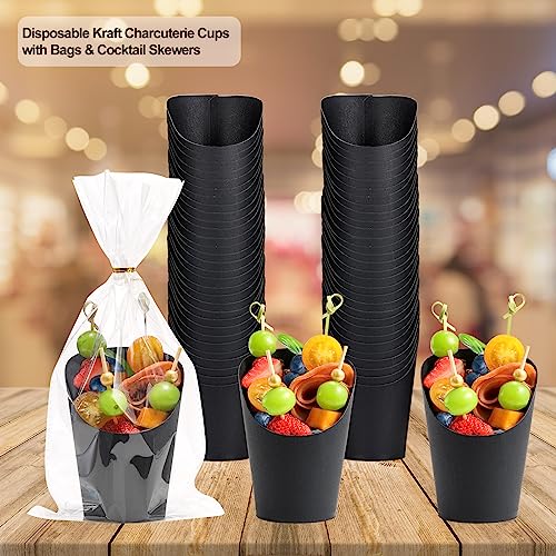 Disposable Charcuterie Cups 60 PCS with 200PCS Sticks and 60PCS Bags | 14 oz Kraft Paper Snack Boxes Appetizers Cup French Fry Holder with Cocktail Skewers Toothpicks Tooth Picks, Black - color: Black, size: 14 Oz 60 Pcs Set