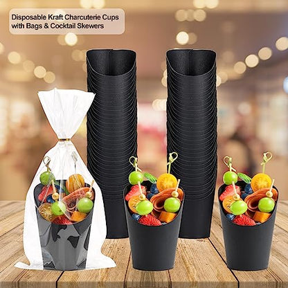 Disposable Charcuterie Cups 60 PCS with 200PCS Sticks and 60PCS Bags | 14 oz Kraft Paper Snack Boxes Appetizers Cup French Fry Holder with Cocktail Skewers Toothpicks Tooth Picks, Black - color: Black, size: 14 Oz 60 Pcs Set