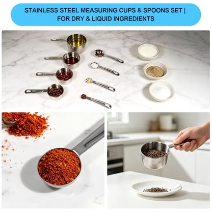 8 PCS Stainless Steel Measuring Cups and Spoons Set, Engraved Metric & US Measurement Measuring Cups and Spoons, Food Grade Metal Measure Cups for Dry & Liquid Kitchen Cooking Baking, Dishwasher Safe