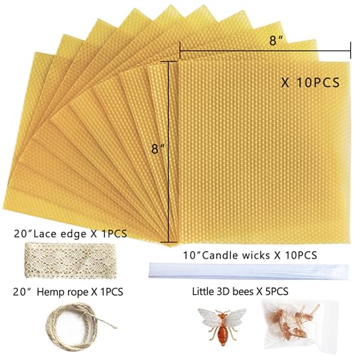 Lacaser Beeswax Candle Making Kit, 10pcs 8"x 8" 100% Beeswax Sheets for Candle Making -Include Bee Ornaments, Lace, Cotton Wicks & Hemp Rope, DIY Candles Making Supplies - color: Natural (8x8)