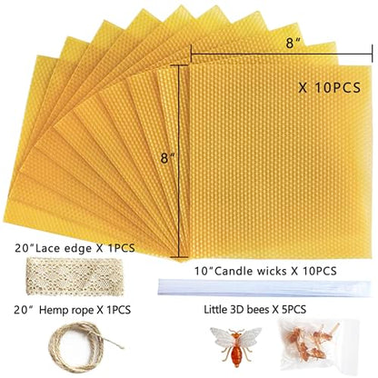 Lacaser Beeswax Candle Making Kit, 10pcs 8"x 8" 100% Beeswax Sheets for Candle Making -Include Bee Ornaments, Lace, Cotton Wicks & Hemp Rope, DIY Candles Making Supplies - color: Natural (8x8)