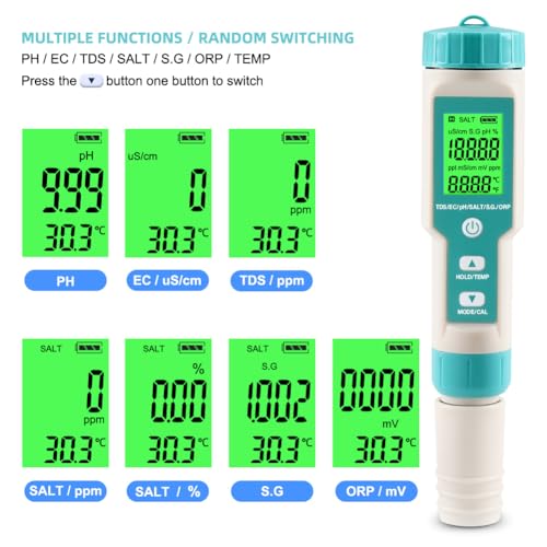 pH Meter for Water 7 in 1 PH/TDS/EC/Salt/S.G/ORP/Temp Meter,pH Tester Digital Backlit Waterproof LCD,TDS Meter EC Meter PPM Meter Suitable for Pools, Drinking Water, Aquariums, Hydroponic Cooking. - size: 7-1