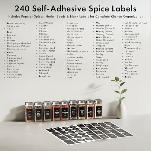 EDELHAUS Glass Spice Jars with Label, 24x Stainless Steel Lids | Airtight lids keep spices fresh; use as a spice organizer, seasoning containers or 4 oz jar set; funnel, brush & 240 labels - color: Stainless Steel Lid