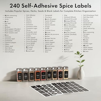 EDELHAUS Glass Spice Jars with Label, 24x Stainless Steel Lids | Airtight lids keep spices fresh; use as a spice organizer, seasoning containers or 4 oz jar set; funnel, brush & 240 labels - color: Stainless Steel Lid