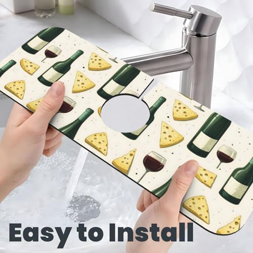 Red Wine Cheese Print Faucet Mat for Kitchen Sink, Absorbent Fast Drying Faucets Mat Splash Guard, Cute Kitchen Sink Mats for Around Faucet Draining
