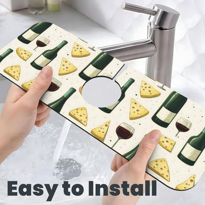 Red Wine Cheese Print Faucet Mat for Kitchen Sink, Faucets Mat Splash Guard Absorbent Fast Drying, Kitchen Sink Mats for Around Faucet Draining