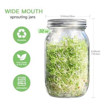 Seed Sprouting Jar Kit - 2 Wide Mouth Mason Jars with 316 Stainless Steel Sprouting Lids Covers, Drip Tray and Stand for Growing Broccoli Alfalfa Beans Sprout (Two Jars)