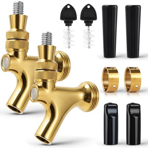 Standard 1-1/8‘’ Beer Faucet Beer Dispenser Tap for Draft Beer Kegerator Tower System Beer Shanks, 304 Stainless Steel Core Smooth Pouring Beer Keg Tap Faucet with Dustproof Plugs Brush (Golden, 2PCS)