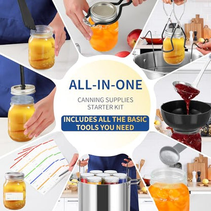 Canning Supplies Starter Kit,Canning Kit for Beginners of 9 with Jar Lifter,Wide Mouth Funnel,Wrench,Tongs,Lid Lifter,Bubble Popper,Canning Labels,ladle,Measuring spoon-Black - color: X9-Black