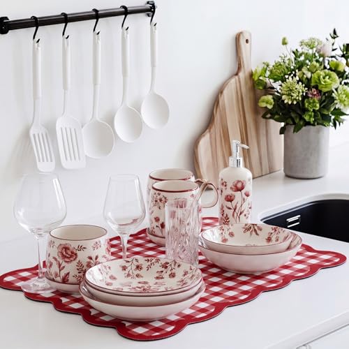 Scalloped Gingham Coffee Mat 12" x 20" Absorbent Coffee Bar Mat Gingham Espresso Matt for Counter(Red) - color: Red