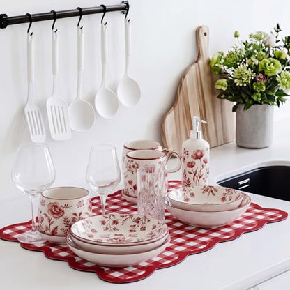 Scalloped Gingham Coffee Mat 12" x 20" Absorbent Coffee Bar Mat Gingham Espresso Matt for Counter(Red) - color: Red