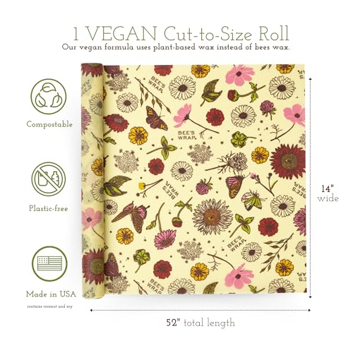 Bee's Wrap Vegan Beeswax Wraps for Food - Cut to Size 14x52" Beeswax Wrap Roll - Plastic Free Made in USA Reusable Natural Food Wrap - Meadow Magic