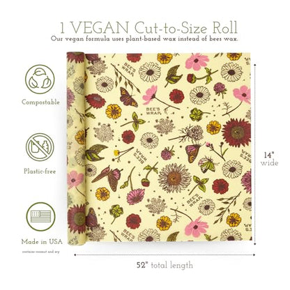 Bee's Wrap Vegan Beeswax Wraps for Food - Cut to Size 14x52" Beeswax Wrap Roll - Plastic Free Made in USA Reusable Natural Food Wrap - Meadow Magic