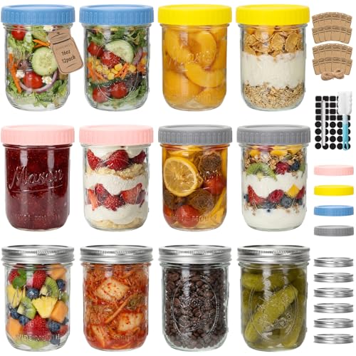 CycleMore 16oz Wide Mouth Mason Jars with Airtight Lids, 12 - Pack Canning Jars with Colorful Lids, Glass Jars for Fermenting, Pickling, Freezing, Preserving, Meal Prep, Jar Décor - size: 16oz -12 Pack