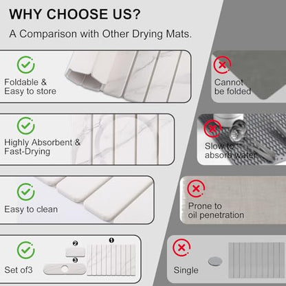 3 PCS Large Stone Dish Drying Mat for Kitchen Counter, Quick Dry Stone Dishes Mats, Sink Faucet Mat, Marble Water Absorbing Diatomaceous Earth Drying Pad for Countertop Tableware, Bottles - color: White Grey Marble