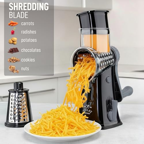 Zulay Kitchen Rotary Cheese Grater 5 Blade Cheese Shredder - Manual Hand Crank Cheese Grater With Reinforced Suction & 5 Interchangeable Drums - Easy to Use, Vegetable Chopper Round Mandoline Slicer - color: Black Gray