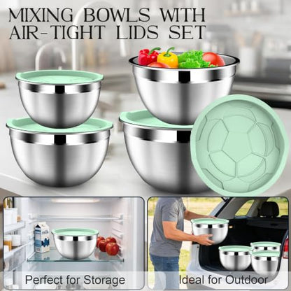 DUTZUN Mixing Bowls with Lids Set, Stainless Steel Mixing Bowl Set with Colander, Strainer with Bowls - Pistachio - style: 9PCS Pistachio