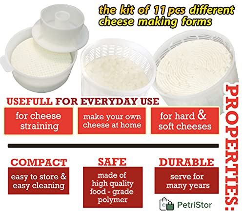 11 pcs Cheese Making Kit Beginners - Soft Cheese Molds + Cheese Mold with a Follower Piston - Cheese Making Supplies - Moldes Para Queso Fresco Casero - Paneer Cream Cheese Form Mold Basket № 2