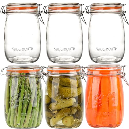 32oz Wide Mouth Mason Jars (6 Pack) – Reusable Airtight Glass Storage Jars with Hinged Lids, BPA-Free, Dishwasher Safe, Perfect for Canning, Pickling, Coffee & Fermenting