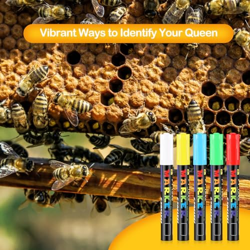 Dunzoom 5 Pcs Queen Bee Marking Pen 5 Color Bee Queen Marker Pens Water Based Paint Markers Beekeeper Marking Tools Supplies for Bees Safely