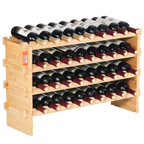 VEVOR 36 Bottle Stackable Modular Wine Rack, 4-Tier Solid Bamboo Wood Storage Racks, Floor Freestanding Wines Holder Display Shelf, Wobble-Free Shelves for Kitchen, Bar, and Cellar (Natural Color) - color: Original Wooden Colour, size: 4-Tier 36 Bottles