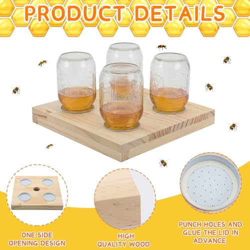 Rtteri 1 Pcs Bee Feeders for Hives with 4 Lids Wooden Honey Mason Jar Beehive Entrance Feeder for Beekeeping Bee Drinking Tools with Lids Drilled Feeding Sugar Syrup or Water (Jars Not Provided) - color: 4 Lids