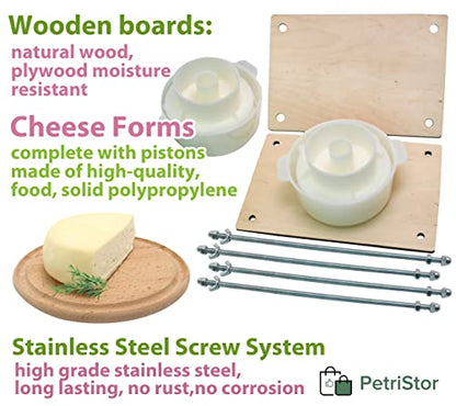 PetriStor Wooden Cheese Press for Cheese Making Supplies 12in Metal Guides 13in and 2 Cheese Mold with Follower Piston 1.3Qt - large Home Supply Ultimate Cheese Press Machine - Prensa Para Queso