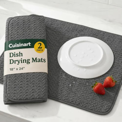 Cuisinart Dish Drying Mat for Kitchen Counter - 2-Pack XL 18x24 Ultra Absorbent Microfiber Dish Mat - Fast Drying, Machine Washable, Foldable Countertop Pad - Safe for Granite & Quartz - color: Geostripe Dark Gray